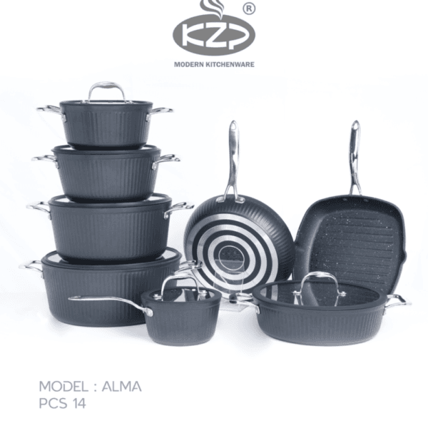 سرویس قابلمه KZP کالکشن آلما ۱۴پارچه درب سیلیکونی دستگیره نقره ای